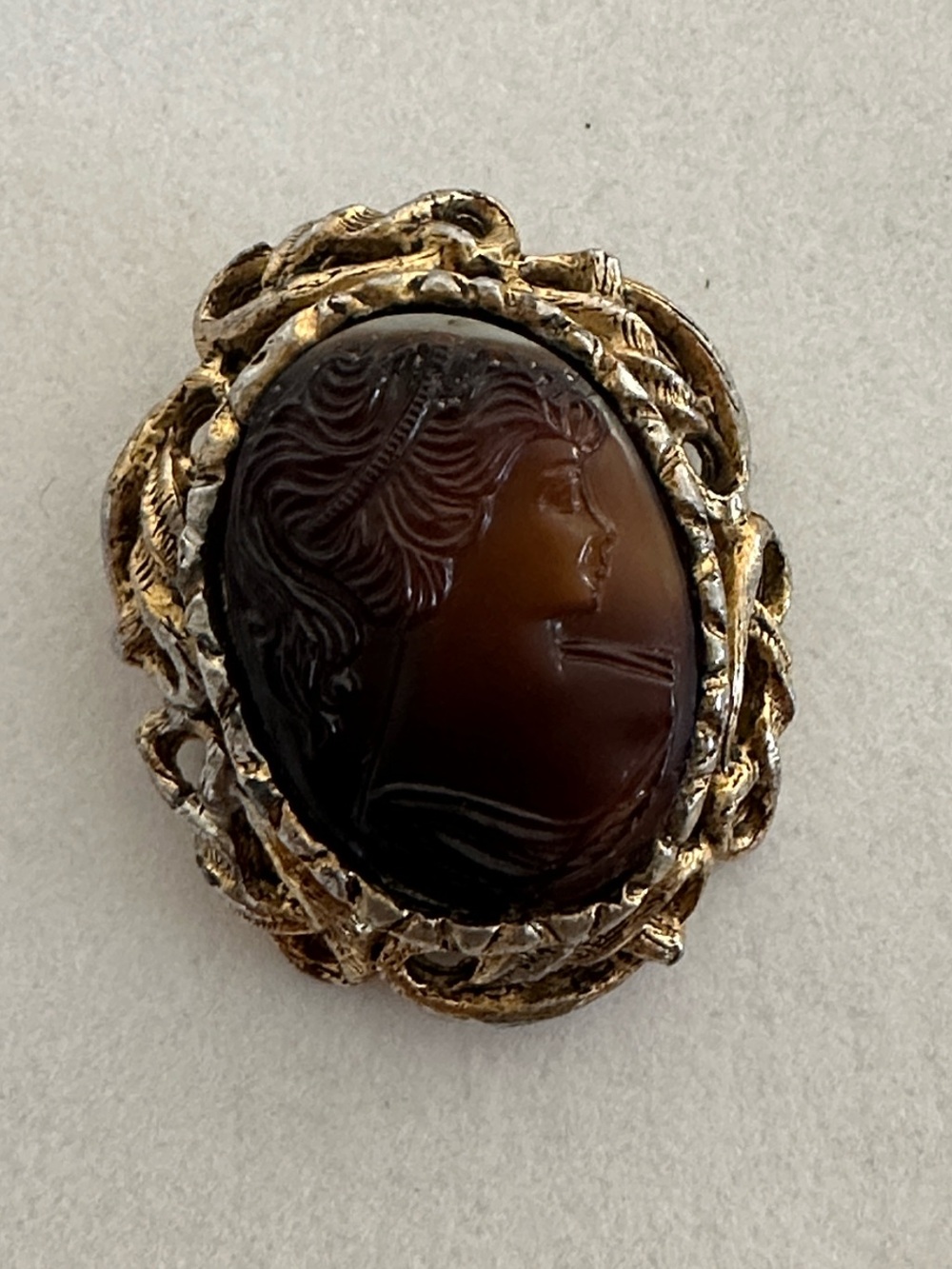 Vintage Gold-Tone Brown Cameo Brooch